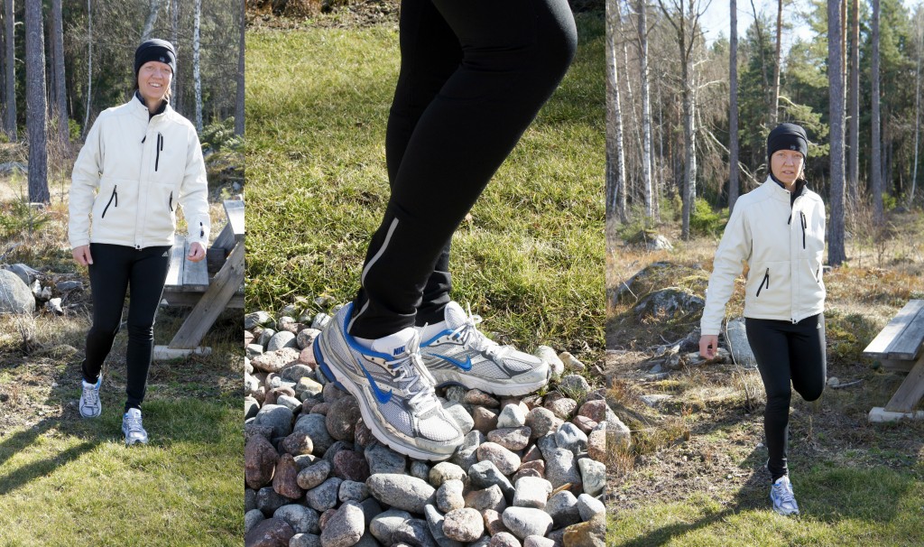 Löptur i skaljacka SOS, joggingbyxor adidas, skor Nike, på skallen en Buff
